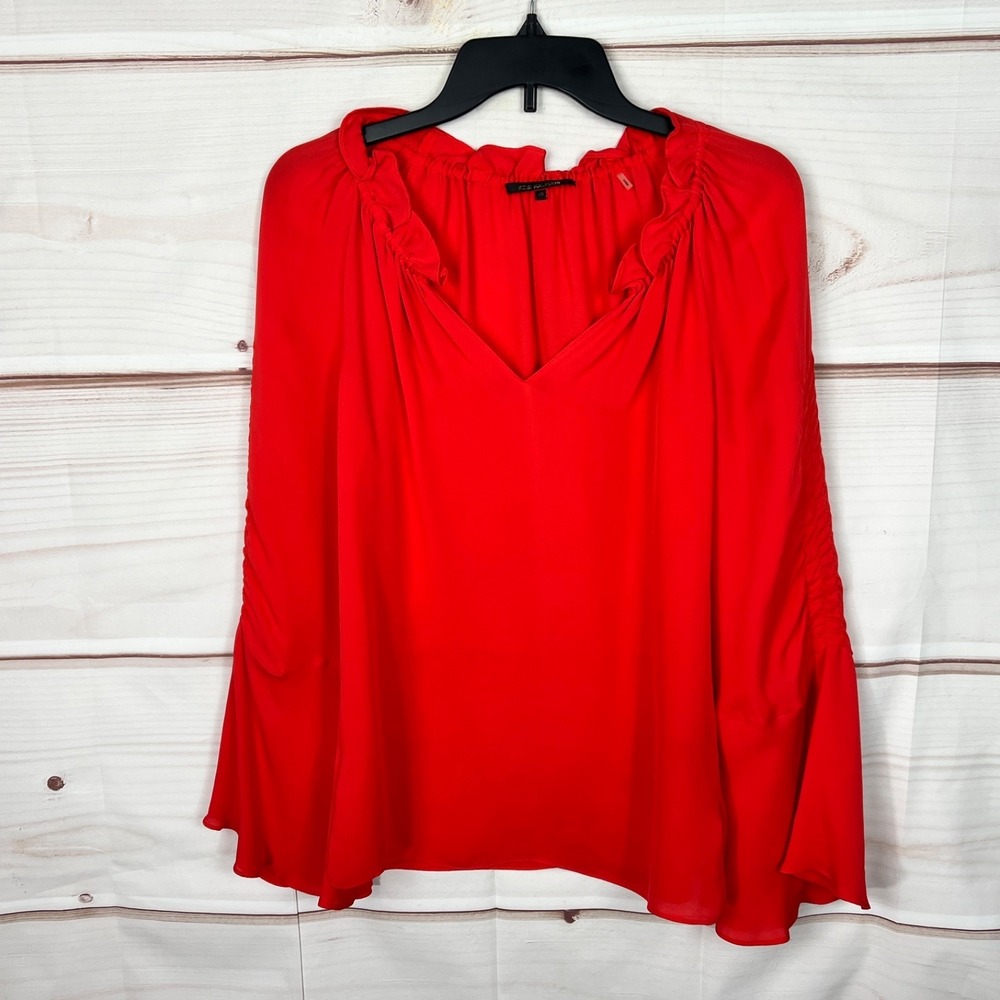 Kobi Halperin Top Womens XS Red Silk Blouse Bell Sleeve Ruffle Neck V-Neck Solid